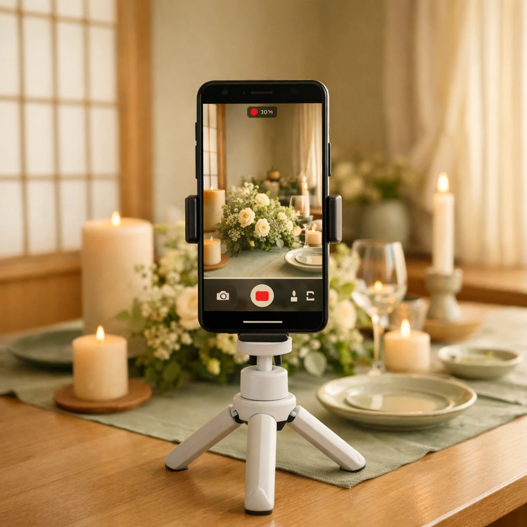 三脚に載せたスマホでテーブルの写真を撮影する様子